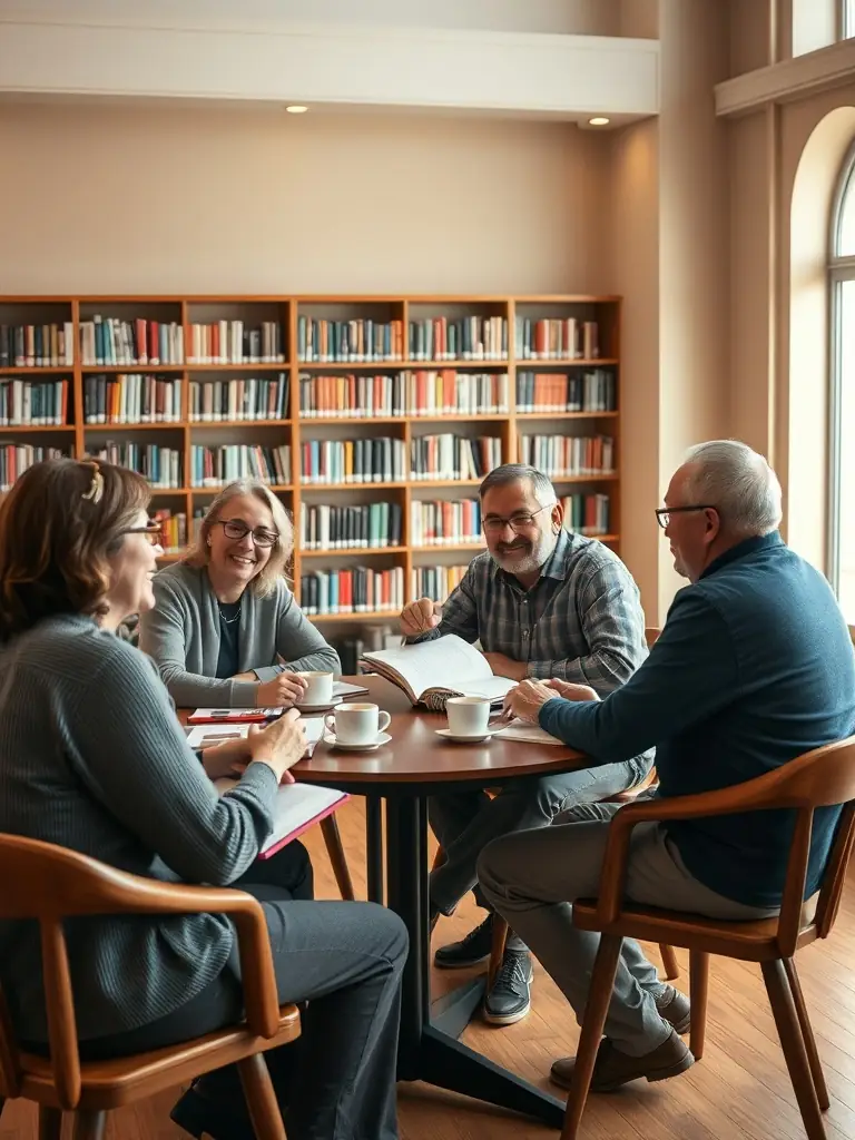 An image of adults participating in a book club discussion at BIBLIOTHEQUE LEUGLAY - VOULAINES LES TEMPLIERS, highlighting community engagement and intellectual stimulation.