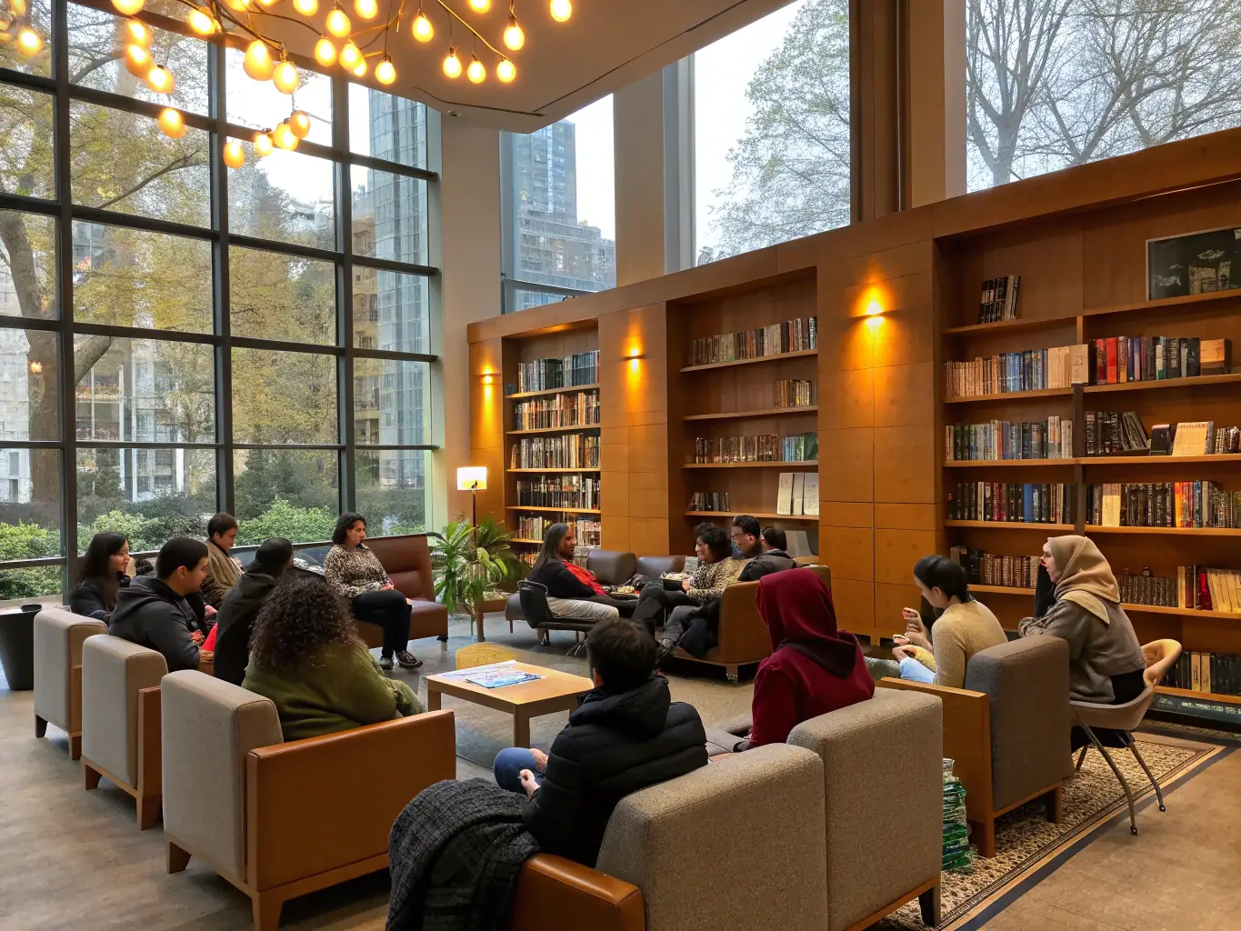 A photograph of a diverse group of people happily browsing books in a well-lit, modern library setting, emphasizing community and accessibility.