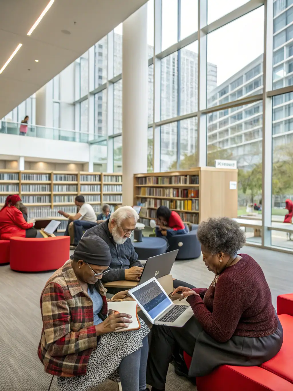 A picture of seniors learning how to use tablets during a digital literacy class at BIBLIOTHEQUE LEUGLAY - VOULAINES LES TEMPLIERS, promoting inclusivity and lifelong learning.