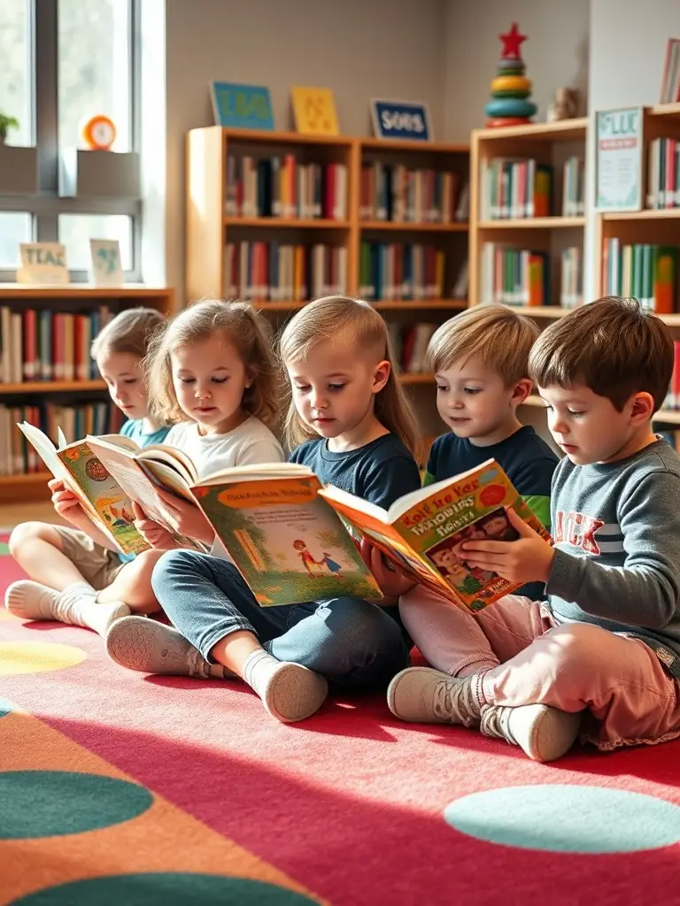 A group of children sitting in a circle during a storytelling session at BIBLIOTHEQUE LEUGLAY - VOULAINES LES TEMPLIERS, with a librarian reading aloud from a colorful picture book.