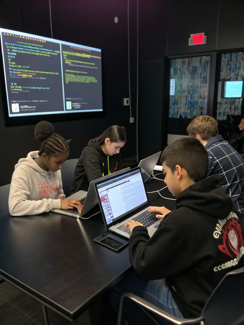 A photograph of teenagers working together on a coding project during a workshop at BIBLIOTHEQUE LEUGLAY - VOULAINES LES TEMPLIERS, showcasing collaborative learning.
