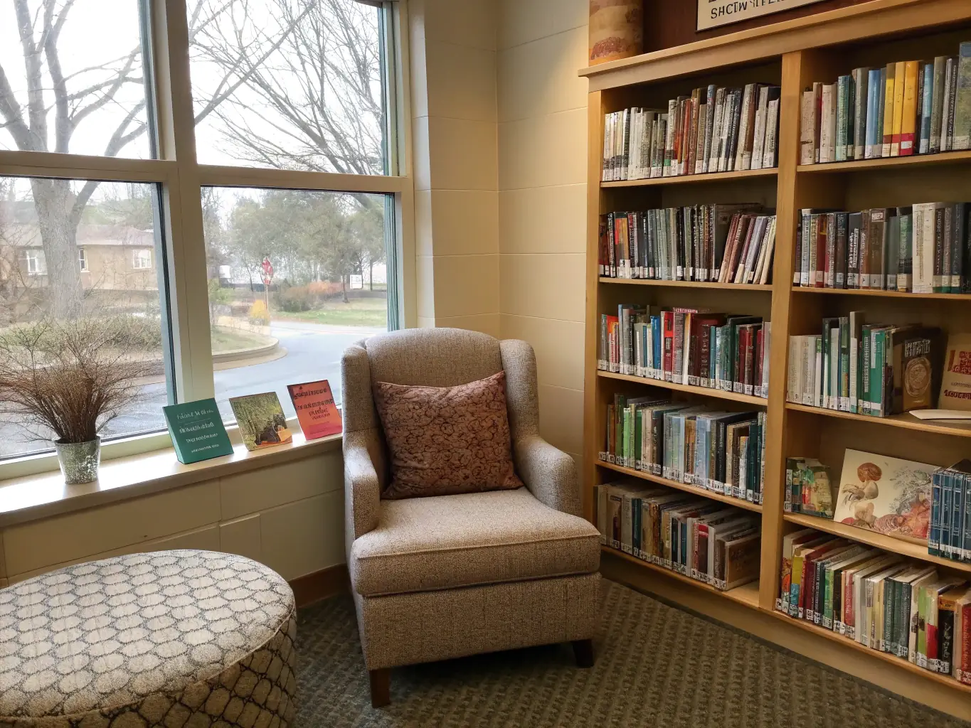 A cozy reading nook with comfortable seating and soft lighting, showcasing a person engrossed in a book, highlighting the library as a welcoming space.