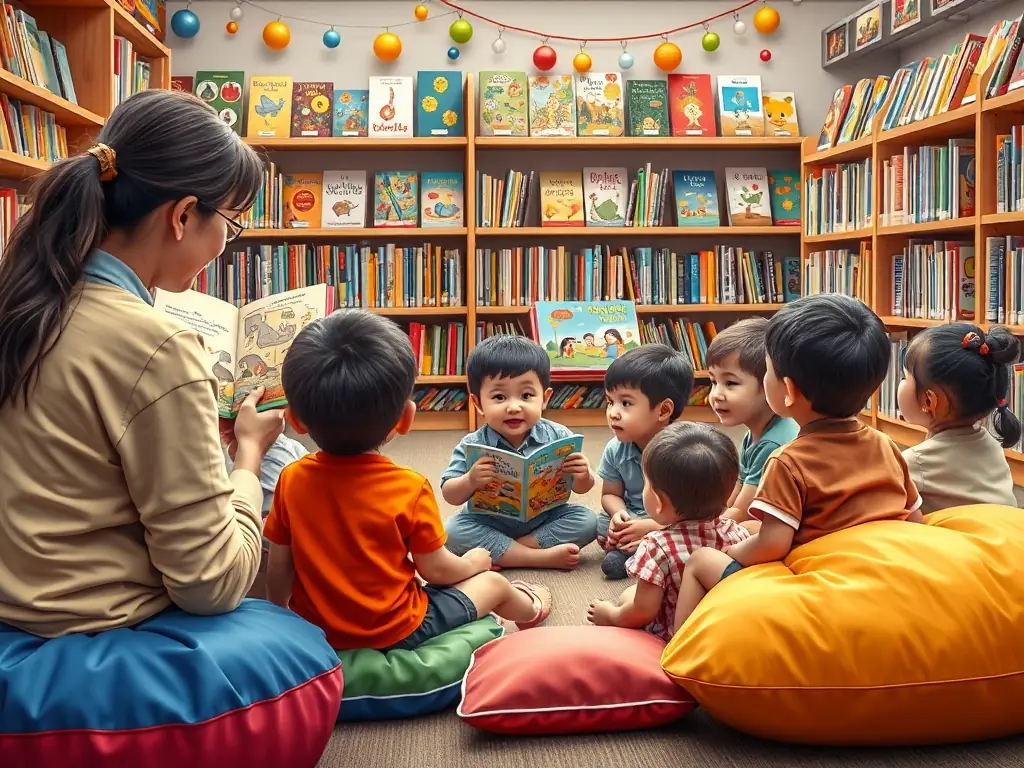 A group of children participating in a story time session at the library, with a librarian engaging them with a book, illustrating the library's commitment to youth literacy.